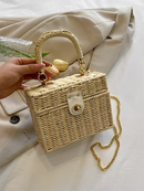 Juzia Bolsa Bolsa feminina palha praia trançado caixinha alça mão alça corrente cadeia transversal retirável couro trava