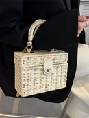 Juzia Bolsa Bolsa feminina palha praia trançado caixinha alça mão alça corrente cadeia transversal retirável couro trava